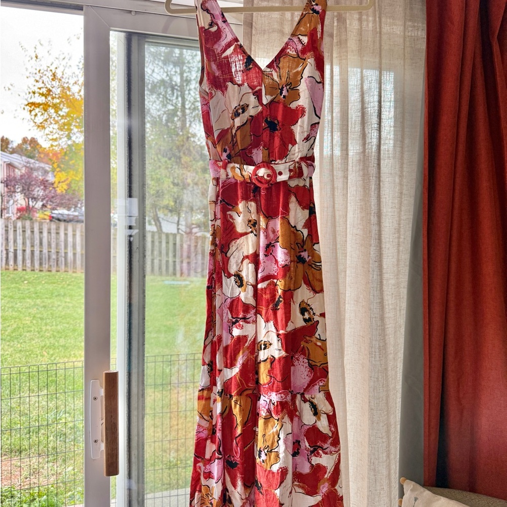 Nine West Pink and Red Floral Sleeveless Midi Dress Size S